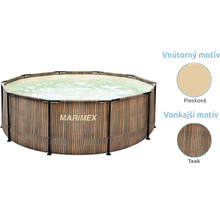 Kulatý nadzemní bazén Marimex s konstrukcí, vnější stěnou v dekoru teak a pískovou vnitřní fólií.