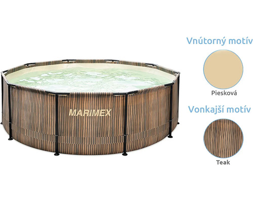 Kulatý nadzemní bazén Marimex s konstrukcí, vnější stěnou v dekoru teak a pískovou vnitřní fólií.