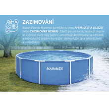 Kruhový modrý bazén Marimex Florida s bílým rámem a Marimex Logo, scéna mezi letní zahradou a zimní krajinou pro ilustraci zazimování.