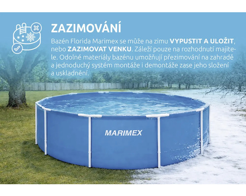 Kruhový modrý bazén Marimex Florida s bílým rámem a Marimex Logo, scéna mezi letní zahradou a zimní krajinou pro ilustraci zazimování.