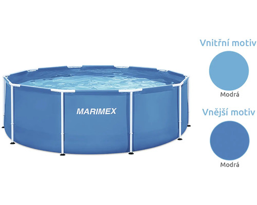Rámový bazén Marimex s modrým vnitřním a vnějším motivem a bílou kovovou konstrukcí.