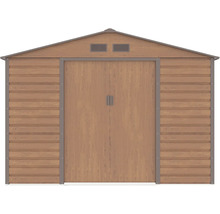 Kovový zahradní domek ve vzhledu dřeva se sedlovou střechou, dvojitými posuvnými dveřmi a větracími otvory.