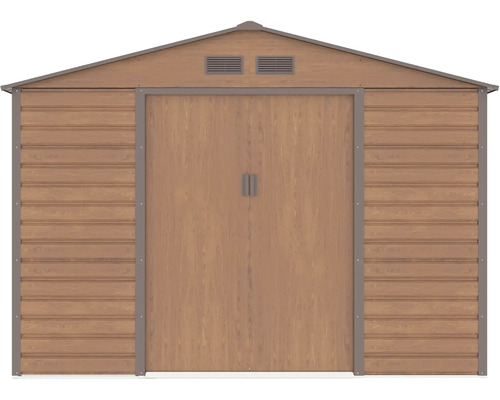 Kovový zahradní domek ve vzhledu dřeva se sedlovou střechou, dvojitými posuvnými dveřmi a větracími otvory.