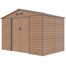 Kovový zahradní domek v dekoru dřeva se sedlovou střechou, dvojitými posuvnými dveřmi a větracími otvory.