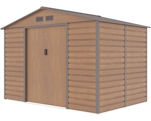 Kovový zahradní domek v dekoru dřeva se sedlovou střechou, dvojitými posuvnými dveřmi a větracími otvory.