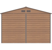 Zadní stěna zahradního domku z kovu ve vzhledu dřeva se dvěma větracími mřížkami pod štítem.