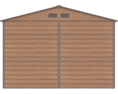 Zadní stěna zahradního domku z kovu ve vzhledu dřeva se dvěma větracími mřížkami pod štítem.