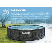 Kulatý bazén Marimex Florida s ratanovým designem a Marimex Logo, zobrazený v letním a zimním prostředí pro ilustraci možností zazimování.