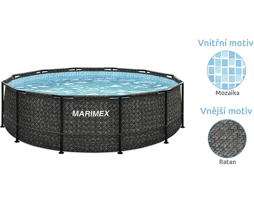 Kruhový bazén s konstrukcí Marimex s vnějším ratanovým motivem a vnitřním mozaikovým vzorem.