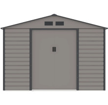 Šedý kovový zahradní domek se sedlovou střechou, dvoukřídlými dveřmi a větracími otvory.