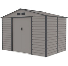 Kovový zahradní domek se sedlovou střechou, větracími otvory a posuvnými dveřmi, šedý, vzhled vlnitého plechu.