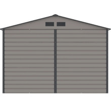 Šedý kovový zahradní domek se sedlovou střechou, dvoukřídlými dveřmi a větracími otvory.