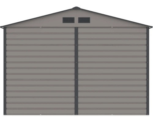 Šedý kovový zahradní domek se sedlovou střechou, dvoukřídlými dveřmi a větracími otvory.