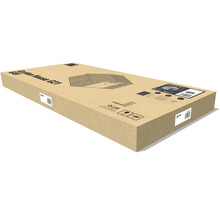 Plochý kartonový obal pro zahradní domek G21 s vyobrazením produktu, čárovými kódy a manipulačními symboly.