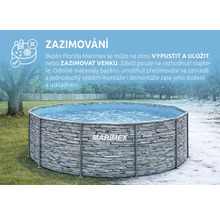 Nadzemní bazén Marimex Florida s kamenným dekorem na zahradě v letním a zimním prostředí pro ilustraci možností zazimování. Marimex Logo.