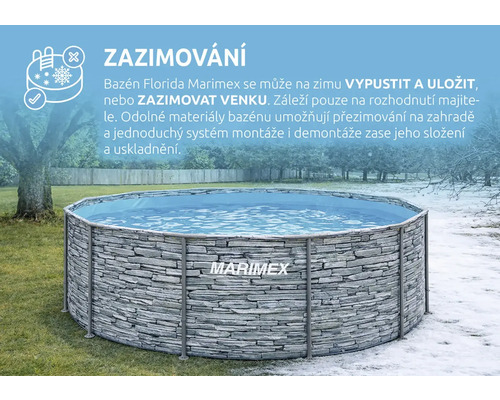 Nadzemní bazén Marimex Florida s kamenným dekorem na zahradě v letním a zimním prostředí pro ilustraci možností zazimování. Marimex Logo.