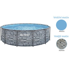 Kruhový nadzemní bazén Marimex s konstrukcí, vnějším motivem kamene a modrou vnitřní fólií.