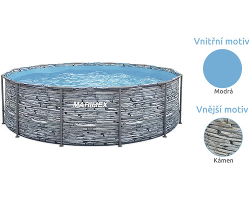 Kruhový nadzemní bazén Marimex s konstrukcí, vnějším motivem kamene a modrou vnitřní fólií.