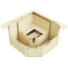 Pohled shora na dřevěný zahradní domek s integrovanou rohovou saunou včetně saunových lavic.