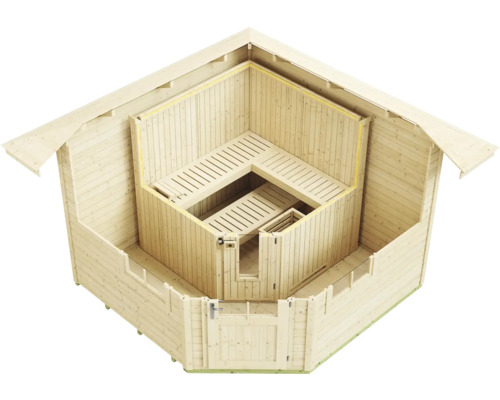 Pohled shora na dřevěný zahradní domek s integrovanou rohovou saunou včetně saunových lavic.