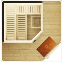 Půdorys dřevěné sauny s rohovou lavicí, dvěma lehátky, opěrkami hlavy a předsíní s rohožkou.