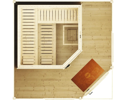 Půdorys dřevěné sauny s rohovou lavicí, dvěma lehátky, opěrkami hlavy a předsíní s rohožkou.