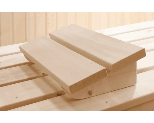 Ergonomická dřevěná opěrka hlavy ze světlého dřeva do sauny.