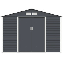 Kovový zahradní domek se sedlovou střechou a posuvnými dveřmi v antracitové barvě.