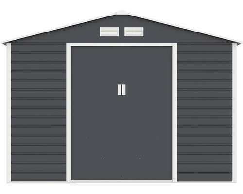 Kovový zahradní domek se sedlovou střechou a posuvnými dveřmi v antracitové barvě.