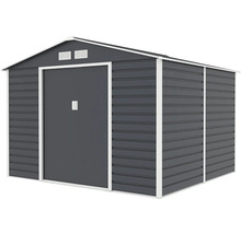 Kovový zahradní domek se sedlovou střechou, dvojitými posuvnými dveřmi a větracími otvory.