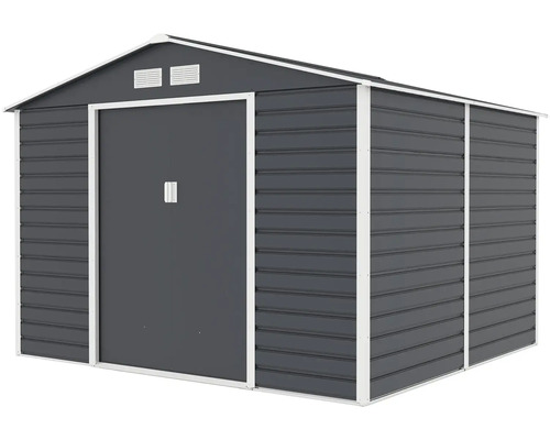 Kovový zahradní domek se sedlovou střechou, dvojitými posuvnými dveřmi a větracími otvory.