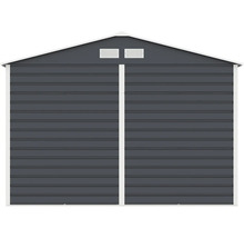 Kovový zahradní domek v antracitové barvě se sedlovou střechou, větracími otvory a bílým lemováním.