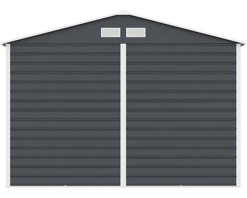 Kovový zahradní domek v antracitové barvě se sedlovou střechou, větracími otvory a bílým lemováním.