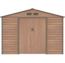 Zahradní domek ve vzhledu dřeva se sedlovou střechou, dvoukřídlými dveřmi a větracími otvory.