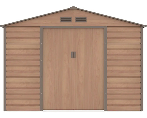 Zahradní domek ve vzhledu dřeva se sedlovou střechou, dvoukřídlými dveřmi a větracími otvory.