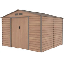 Kovový zahradní domek s dřevěným dekorem, sedlovou střechou a dvojitými posuvnými dveřmi.