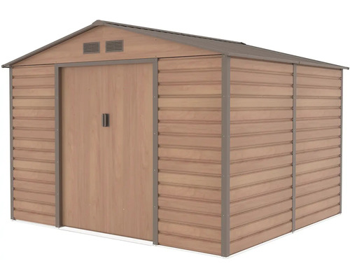 Kovový zahradní domek s dřevěným dekorem, sedlovou střechou a dvojitými posuvnými dveřmi.