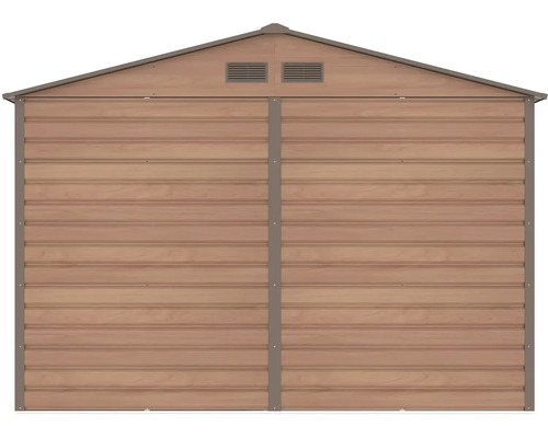 Zahradní domek v dekoru dřeva se sedlovou střechou a dvěma větracími otvory.