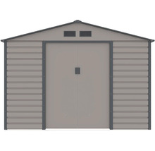 Kovový zahradní domek se sedlovou střechou, dvoukřídlými dveřmi a větracími otvory.