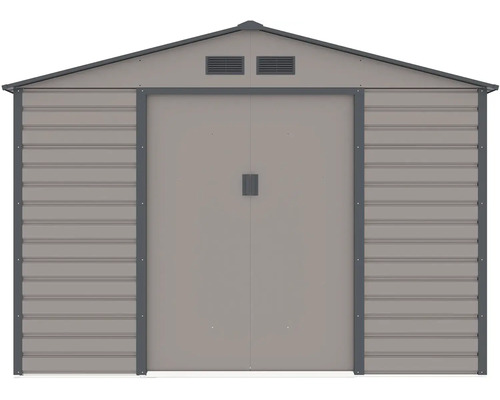 Kovový zahradní domek se sedlovou střechou, dvoukřídlými dveřmi a větracími otvory.