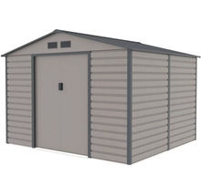 Kovový zahradní domek v šedé a antracitové barvě se sedlovou střechou, dvoukřídlými dveřmi a větracími otvory.