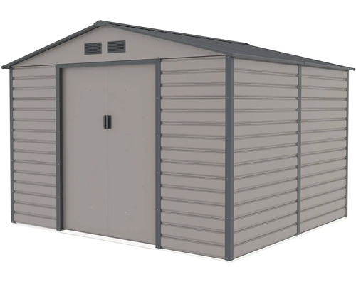 Kovový zahradní domek v šedé a antracitové barvě se sedlovou střechou, dvoukřídlými dveřmi a větracími otvory.