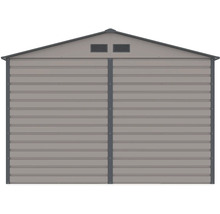 Kovový zahradní domek se sedlovou střechou a větracími otvory.