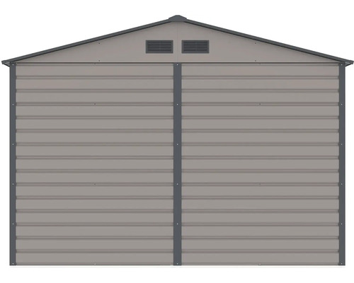 Kovový zahradní domek se sedlovou střechou a větracími otvory.