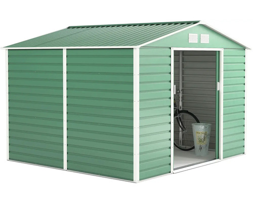 Zelený kovový zahradní domek se sedlovou střechou, posuvnými dveřmi a větracími mřížkami, uvnitř je vidět jízdní kolo.