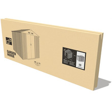 Kartonový obal pro šedý kovový zahradní domek G21 GAH 407 o rozměrech 213 krát 191 centimetrů.