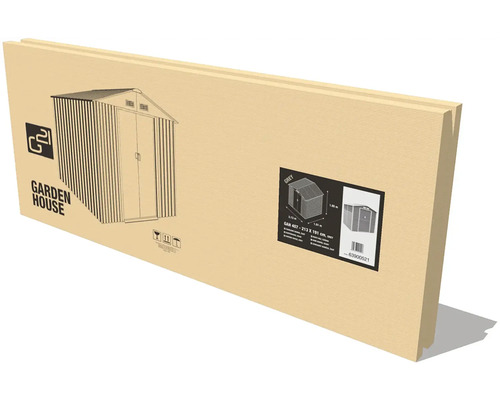 Kartonový obal pro šedý kovový zahradní domek G21 GAH 407 o rozměrech 213 krát 191 centimetrů.