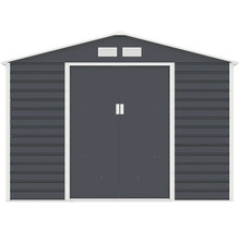 Kovový zahradní domek v antracitové barvě se sedlovou střechou, dvojitými posuvnými dveřmi a větracími mřížkami.