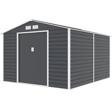 Kovový zahradní domek se sedlovou střechou, posuvnými dveřmi a větracími otvory, antracit s bílým rámem.