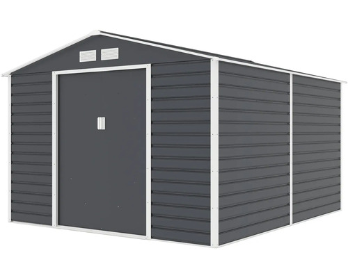 Kovový zahradní domek se sedlovou střechou, posuvnými dveřmi a větracími otvory, antracit s bílým rámem.